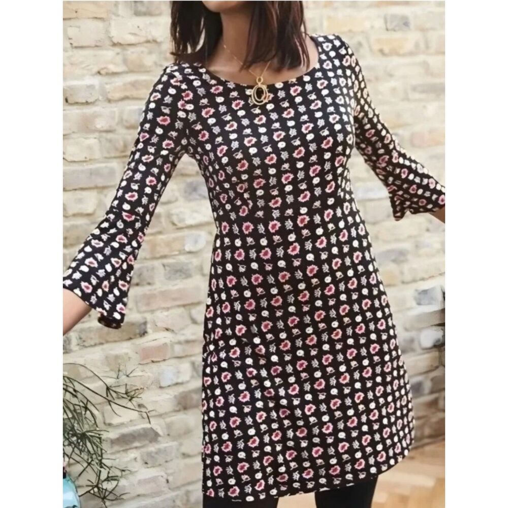 BODEN Black Floral & Leaf Print Sz 4 Soft Stretchy 3/4 Bell Sleeve Mini Dress